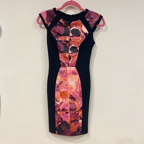 NWT TED BAKER LONDON Jasmaii Pink and Black Geometric Print Panel Dress Size 2 - Picture 2 of 5